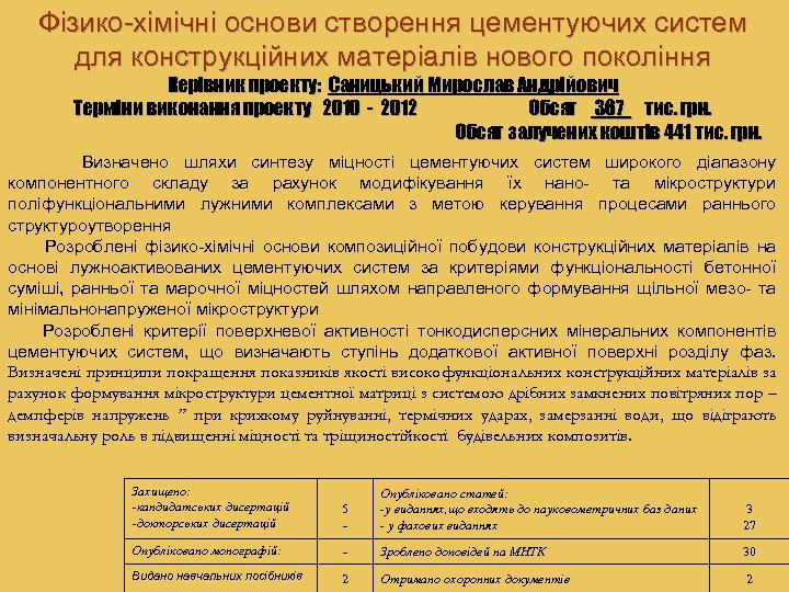 Фізико-хімічні основи створення цементуючих систем для конструкційних матеріалів нового покоління Керівник проекту: Саницький Мирослав