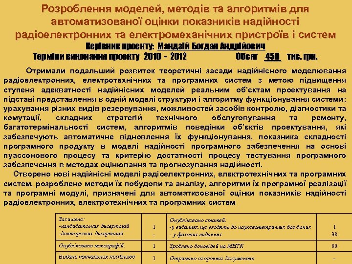 Розроблення моделей, методів та алгоритмів для автоматизованої оцінки показників надійності радіоелектронних та електромеханічних пристроїв