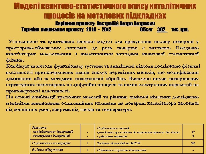 Моделі квантово-статистичного опису каталітичних процесів на металевих підкладках Керівник проекту: Костробій Петрович Терміни виконання