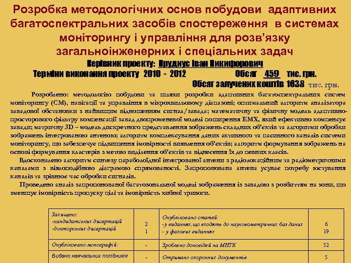 Розробка методологічних основ побудови адаптивних багатоспектральних засобів спостереження в системах моніторингу і управління для