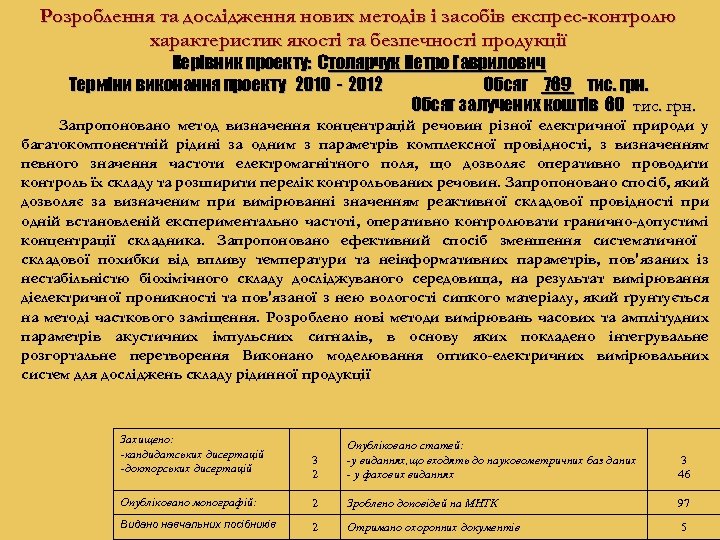 Розроблення та дослідження нових методів і засобів експрес-контролю характеристик якості та безпечності продукції Керівник