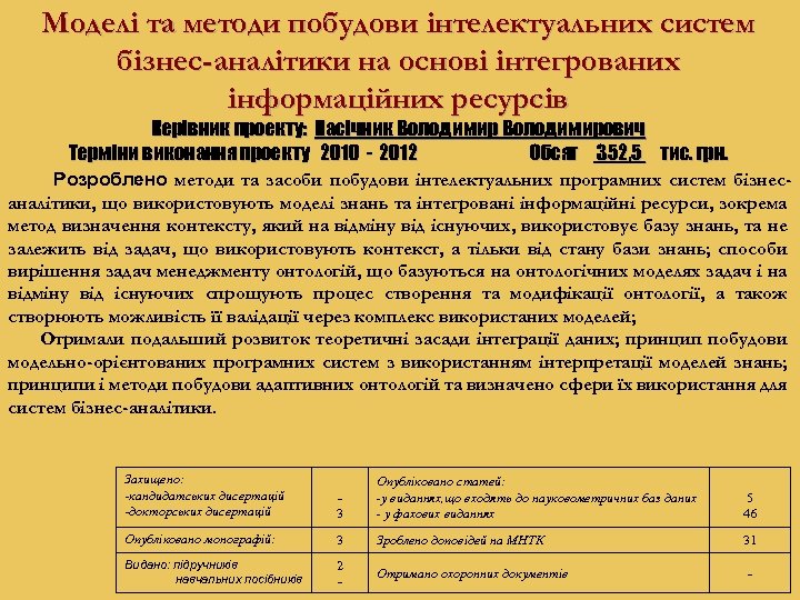 Моделі та методи побудови інтелектуальних систем бізнес-аналітики на основі інтегрованих інформаційних ресурсів Керівник проекту: