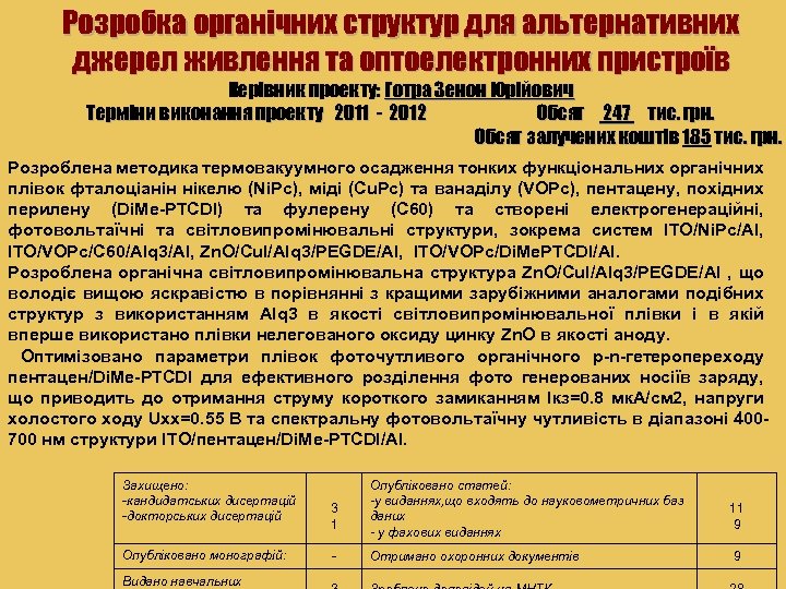 Розробка органічних структур для альтернативних джерел живлення та оптоелектронних пристроїв Керівник проекту: Готра Зенон