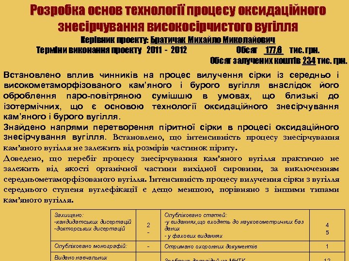 Розробка основ технології процесу оксидаційного знесірчування високосірчистого вугілля Керівник проекту: Братичак Михайло Миколайович Терміни