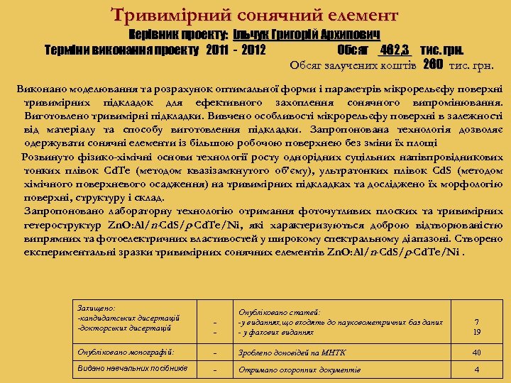 Тривимірний сонячний елемент Керівник проекту: Ільчук Григорій Архипович Терміни виконання проекту 2011 - 2012