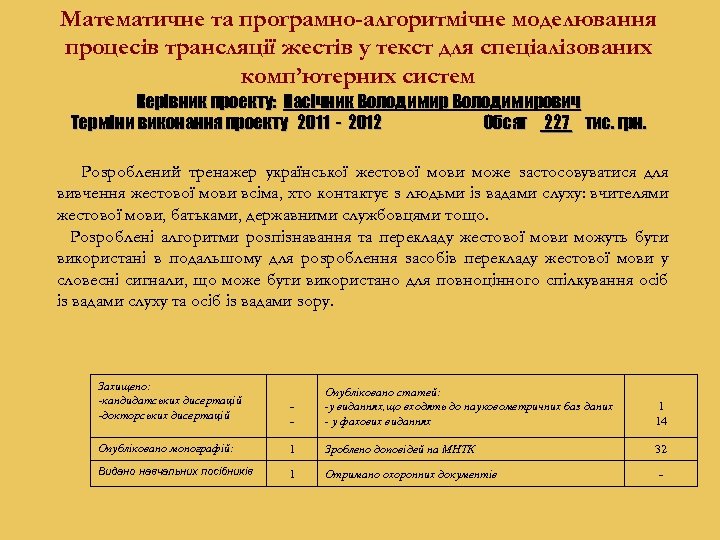 Математичне та програмно-алгоритмічне моделювання процесів трансляції жестів у текст для спеціалізованих комп’ютерних систем Керівник