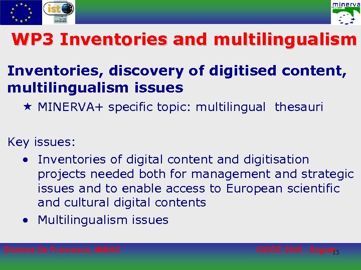 WP 3 Inventories and multilingualism Inventories, discovery of digitised content, multilingualism issues « MINERVA+