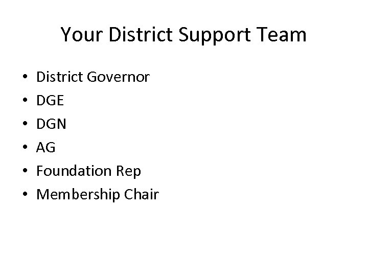 Your District Support Team • • • District Governor DGE DGN AG Foundation Rep