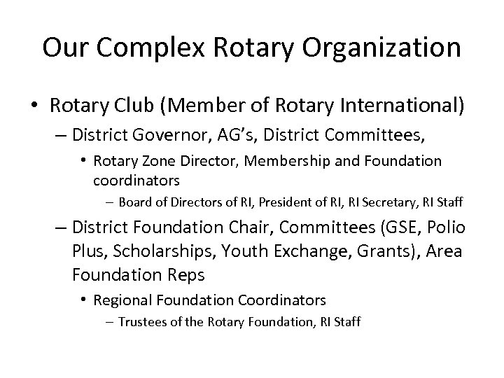 Our Complex Rotary Organization • Rotary Club (Member of Rotary International) – District Governor,