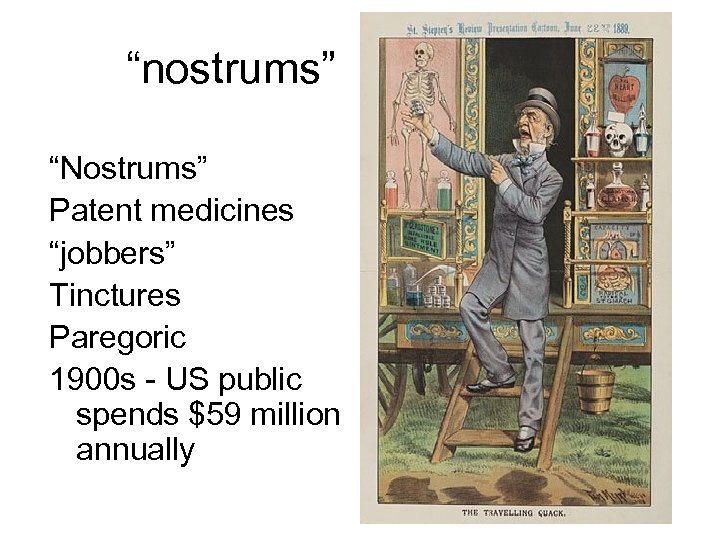 “nostrums” “Nostrums” Patent medicines “jobbers” Tinctures Paregoric 1900 s - US public spends $59