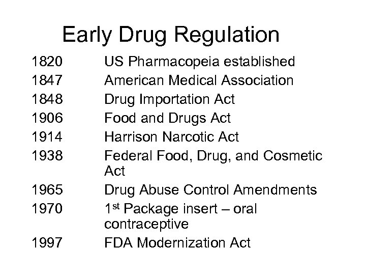 Early Drug Regulation 1820 1847 1848 1906 1914 1938 1965 1970 1997 US Pharmacopeia
