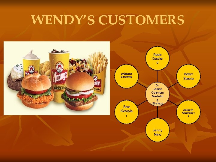 WENDY’S CUSTOMERS Robin Crawfor d Ly. Shandr a Holmes Bret Kemple r Adam Steele