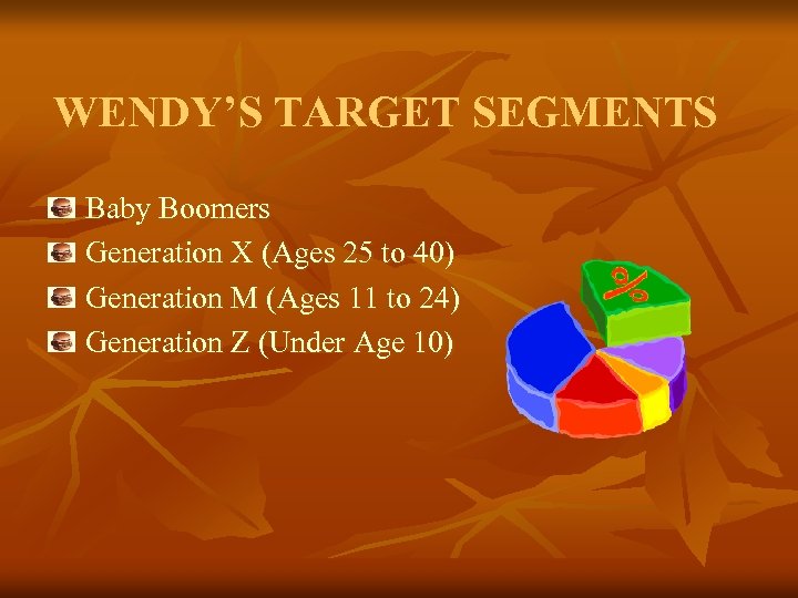 WENDY’S TARGET SEGMENTS Baby Boomers Generation X (Ages 25 to 40) Generation M (Ages