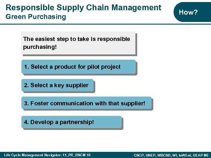 Responsible Supply Chain Management Green Purchasing How? The easiest step to take is responsible