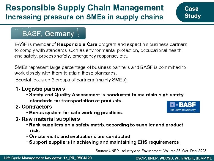 Responsible Supply Chain Management Increasing pressure on SMEs in supply chains Case Study BASF,