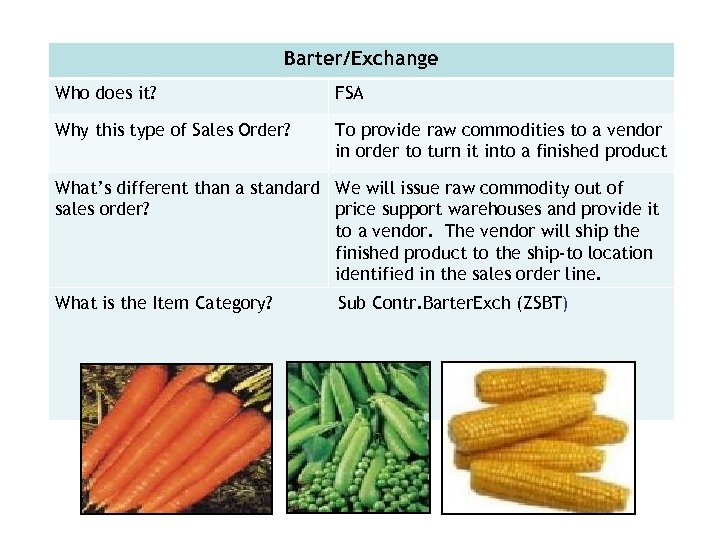 Barter/Exchange Who does it? FSA Why this type of Sales Order? To provide raw