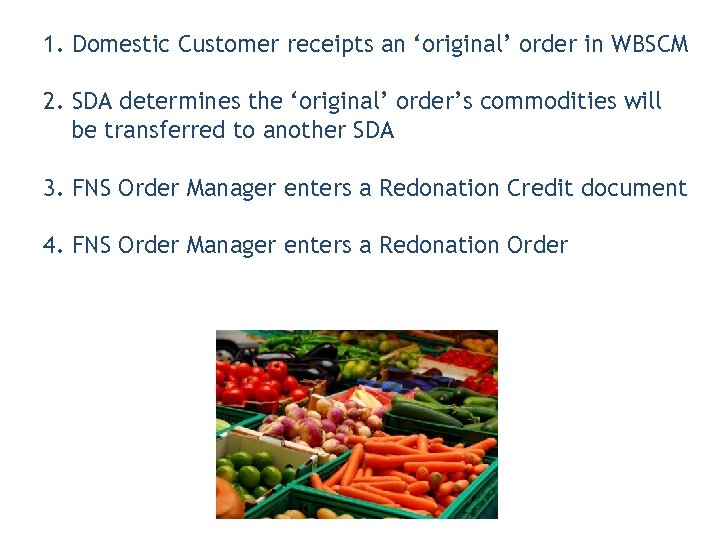 1. Domestic Customer receipts an ‘original’ order in WBSCM 2. SDA determines the ‘original’
