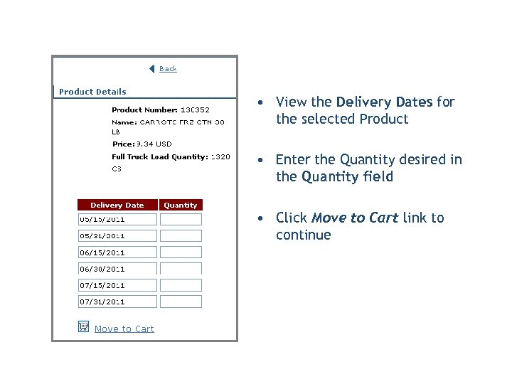  • View the Delivery Dates for the selected Product • Enter the Quantity
