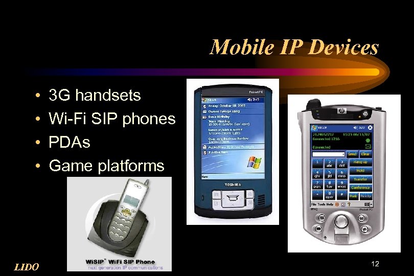 Mobile IP Devices • • LIDO 3 G handsets Wi-Fi SIP phones PDAs Game