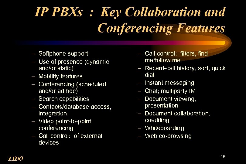 IP PBXs : Key Collaboration and Conferencing Features – Softphone support – Use of