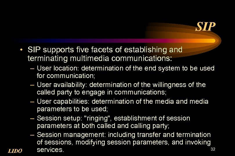 SIP • SIP supports five facets of establishing and terminating multimedia communications: LIDO –