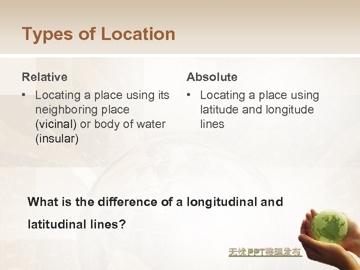 Types of Location Relative Absolute • Locating a place using its neighboring place (vicinal)