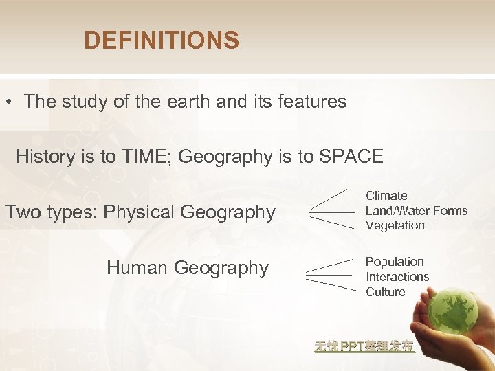 DEFINITIONS • The study of the earth and its features History is to TIME;