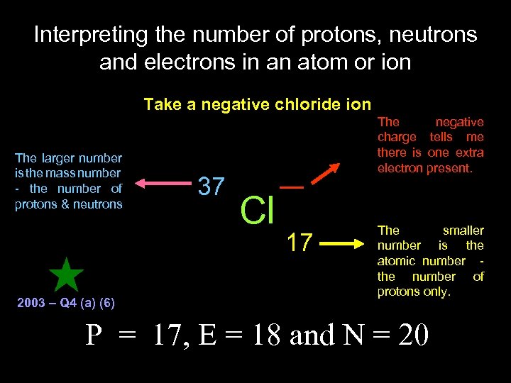 Interpreting the number of protons, neutrons and electrons in an atom or ion Take