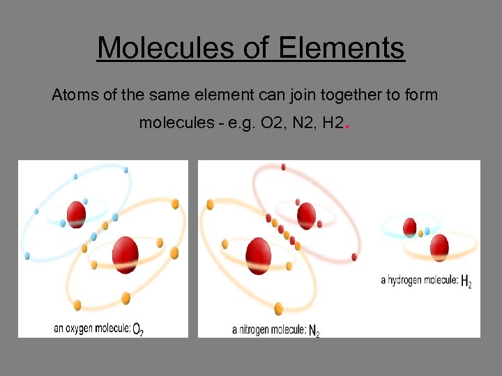 Molecules of Elements Atoms of the same element can join together to form molecules