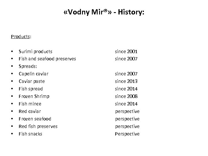  «Vodny Mir®» - History: Products: • • • Surimi products Fish and seafood