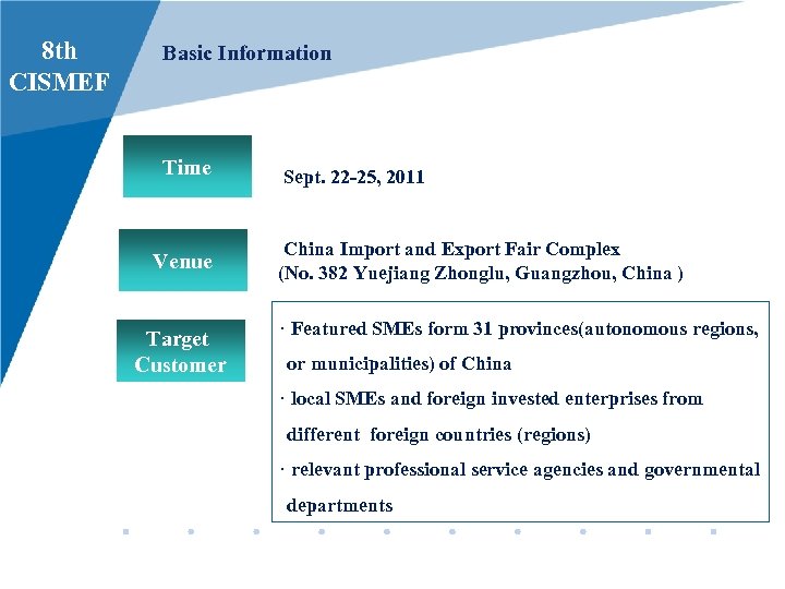 8 th CISMEF Basic Information Time Venue Target Customer Sept. 22 -25, 2011 China