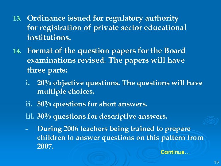 13. Ordinance issued for regulatory authority for registration of private sector educational institutions. 14.