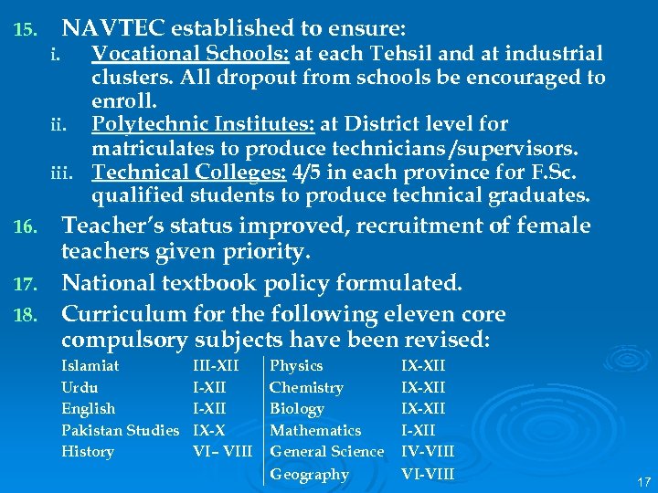 15. NAVTEC established to ensure: Vocational Schools: at each Tehsil and at industrial clusters.
