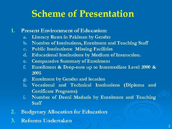 Scheme of Presentation 1. Present Environment of Education: a. b. c. d. e. f.