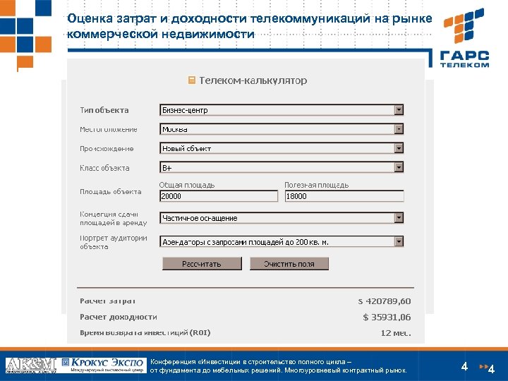 Оценка затрат и доходности телекоммуникаций на рынке коммерческой недвижимости Конференция «Инвестиции в строительство полного