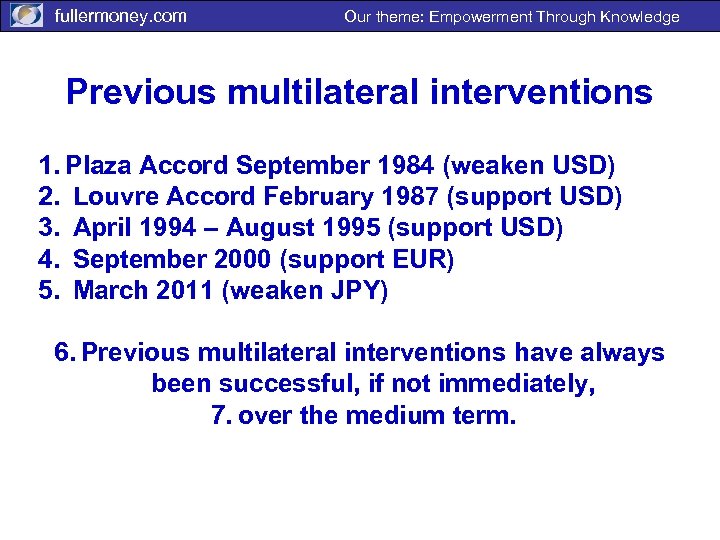 fullermoney. com Our theme: Empowerment Through Knowledge Previous multilateral interventions 1. Plaza Accord September