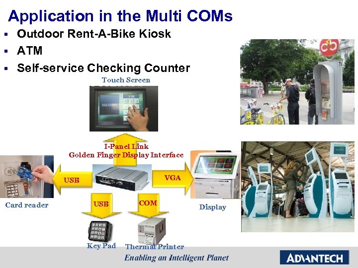 Application in the Multi COMs Outdoor Rent-A-Bike Kiosk § ATM § Self-service Checking Counter