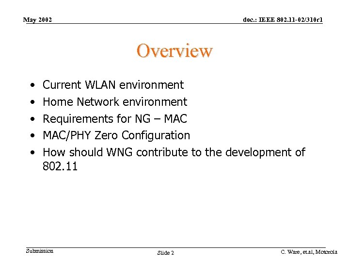 May 2002 doc. : IEEE 802. 11 -02/310 r 1 Overview • • •