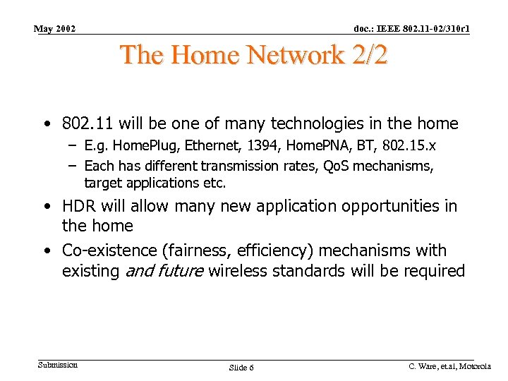 May 2002 doc. : IEEE 802. 11 -02/310 r 1 The Home Network 2/2
