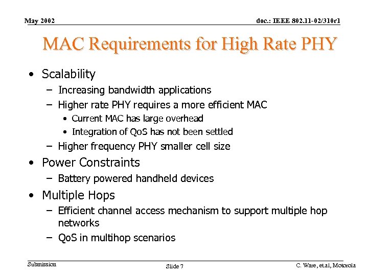 May 2002 doc. : IEEE 802. 11 -02/310 r 1 MAC Requirements for High