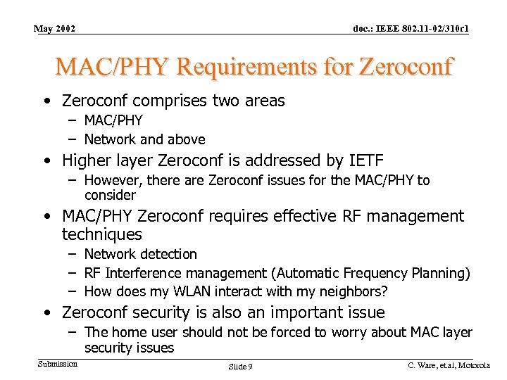 May 2002 doc. : IEEE 802. 11 -02/310 r 1 MAC/PHY Requirements for Zeroconf