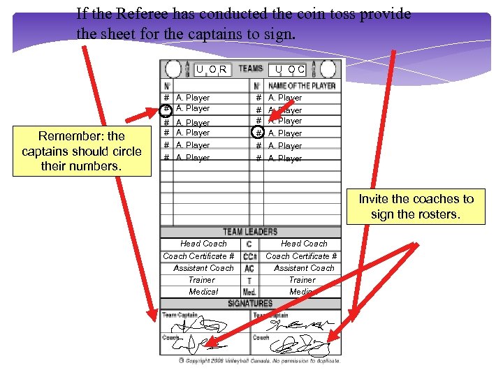 If the Referee has conducted the coin toss provide the sheet for the captains