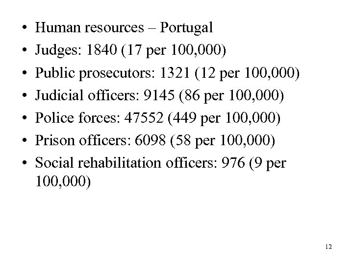  • • Human resources – Portugal Judges: 1840 (17 per 100, 000) Public