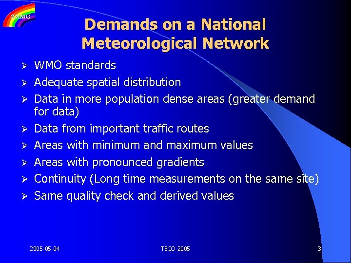 Demands on a National Meteorological Network Ø Ø Ø Ø WMO standards Adequate spatial