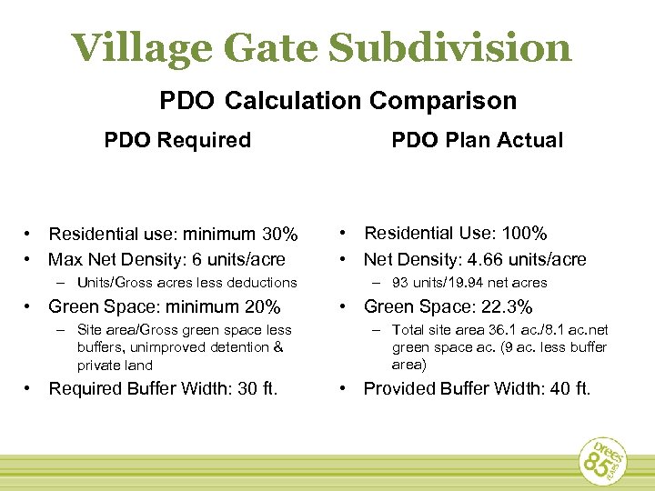 Village Gate Subdivision PDO Calculation Comparison PDO Required • Residential use: minimum 30% •