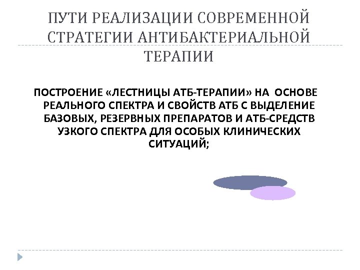 ПУТИ РЕАЛИЗАЦИИ СОВРЕМЕННОЙ СТРАТЕГИИ АНТИБАКТЕРИАЛЬНОЙ ТЕРАПИИ ПОСТРОЕНИЕ «ЛЕСТНИЦЫ АТБ-ТЕРАПИИ» НА ОСНОВЕ РЕАЛЬНОГО СПЕКТРА И