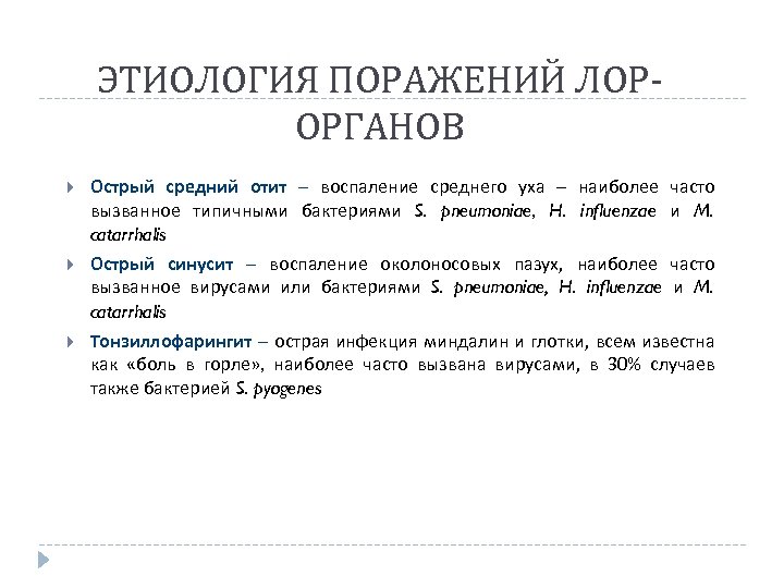 ЭТИОЛОГИЯ ПОРАЖЕНИЙ ЛОРОРГАНОВ Острый средний отит – воспаление среднего уха – наиболее часто вызванное