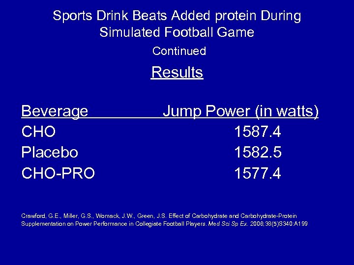 Sports Drink Beats Added protein During Simulated Football Game Continued Results Beverage CHO Placebo