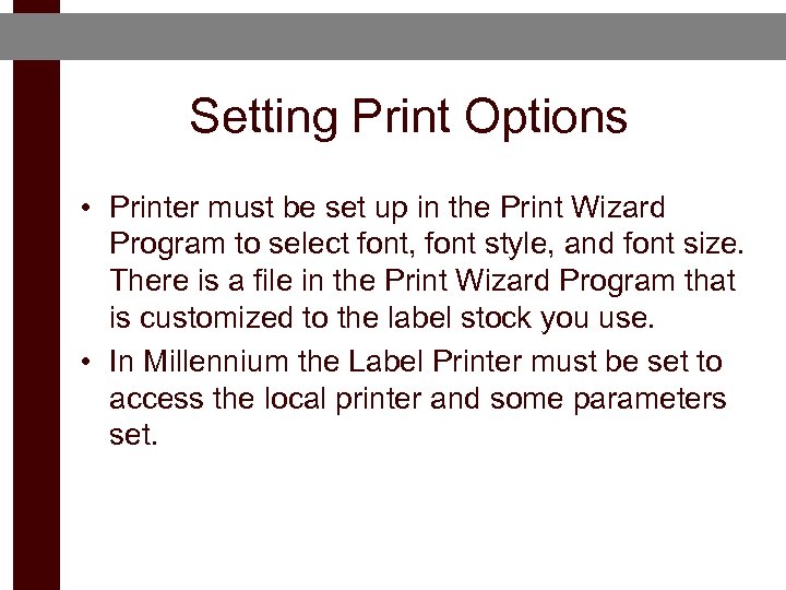 Setting Print Options • Printer must be set up in the Print Wizard Program