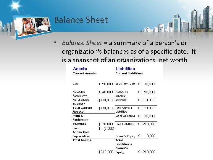 Balance Sheet • Balance Sheet = a summary of a person's or organization's balances